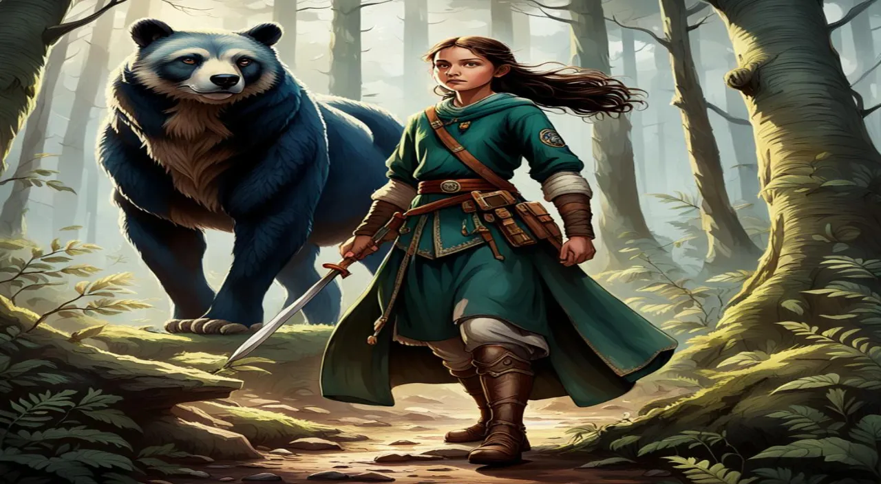 a painting of a woman and a bear in a forest