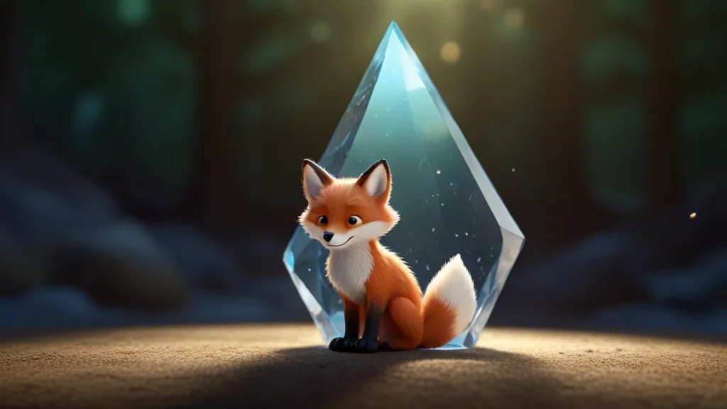 a fox sitting in front of a crystal pyramid