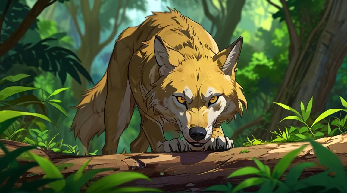 a wolf in the woods standing protectively over a human baby