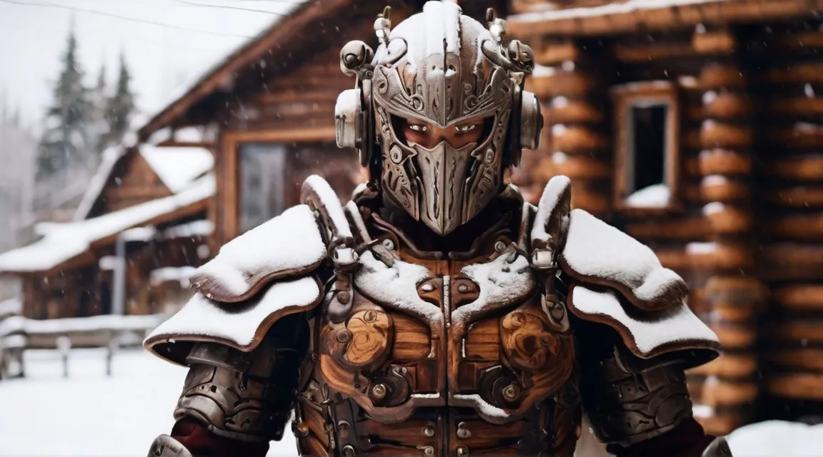 Survivor in armor standing in front of a destroyed log cabin