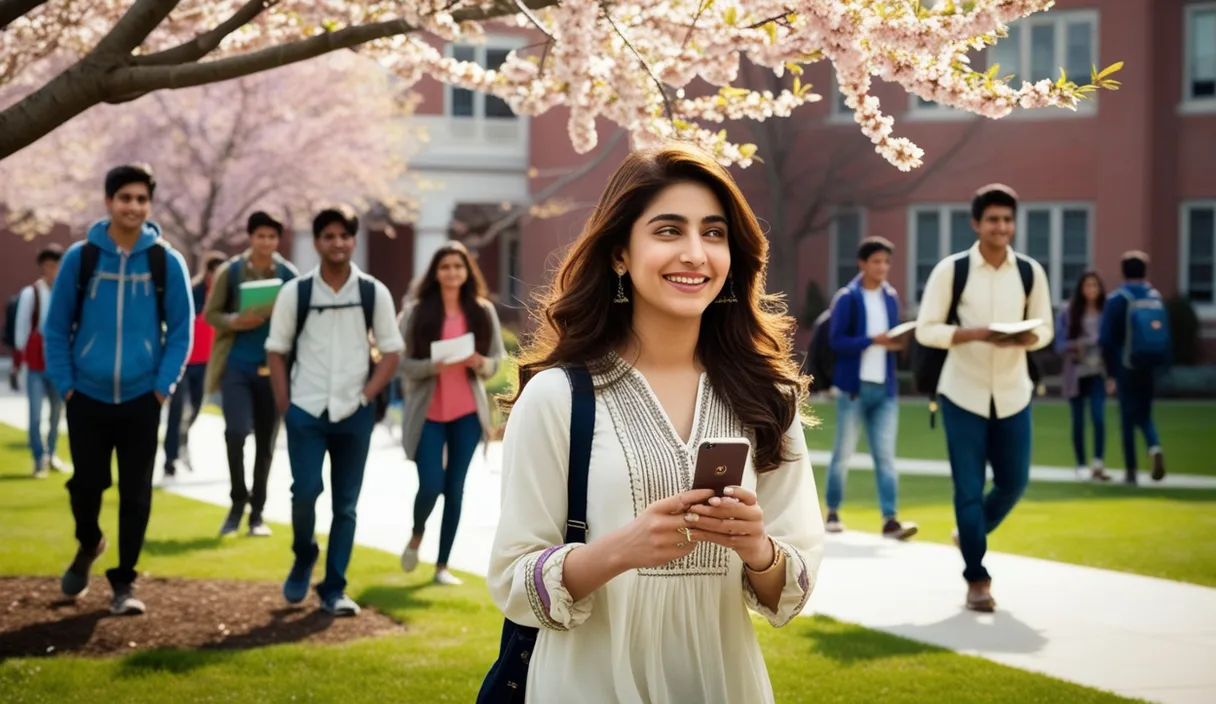 Campus Serenade: On a university campus, a Pakistani girl walking under a blossoming tree, a Bollywood song softly playing from her phone. The 4K wide shot captures students walking by and studying, but her smile and dreamy gaze reveal she is thinking about her boyfriend, who is attending a university in the United States, lost in her own romantic world.