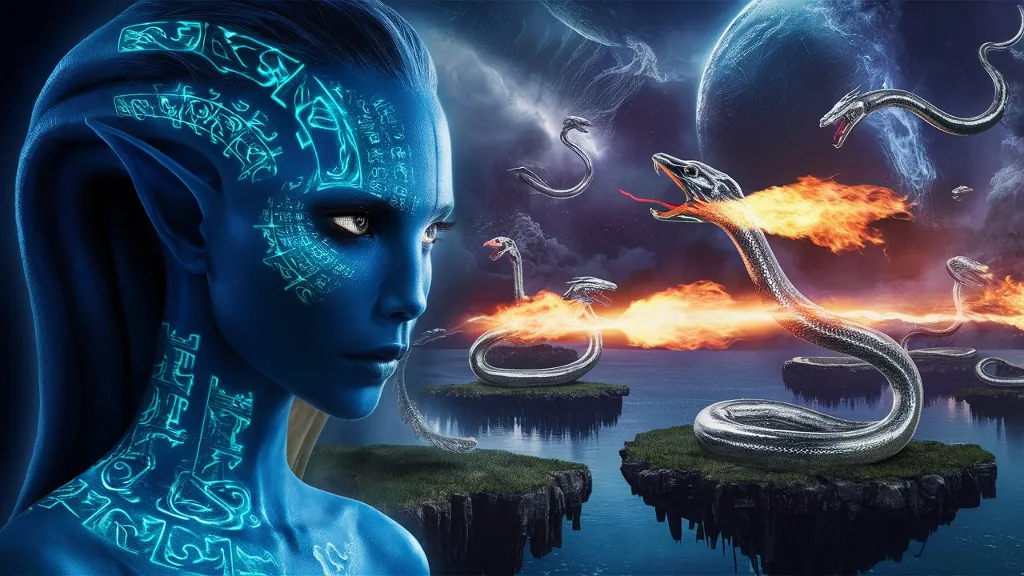 A captivating, high-resolution close-up of a blue alien entity, adorned with intricate holographic ancient symbols projected onto her skin. The symbols illuminate, casting a mystical glow. The atmosphere is filled with silver chrome serpents, breathing fire as they emerge from the majestic, cosmic waters of the Lake of Knowledge. This scene takes place on floating islands, creating a breathtaking, otherworldly atmosphere. The image exudes the essence of a cinematic, blockbuster dark sci-fi fantasy movie.