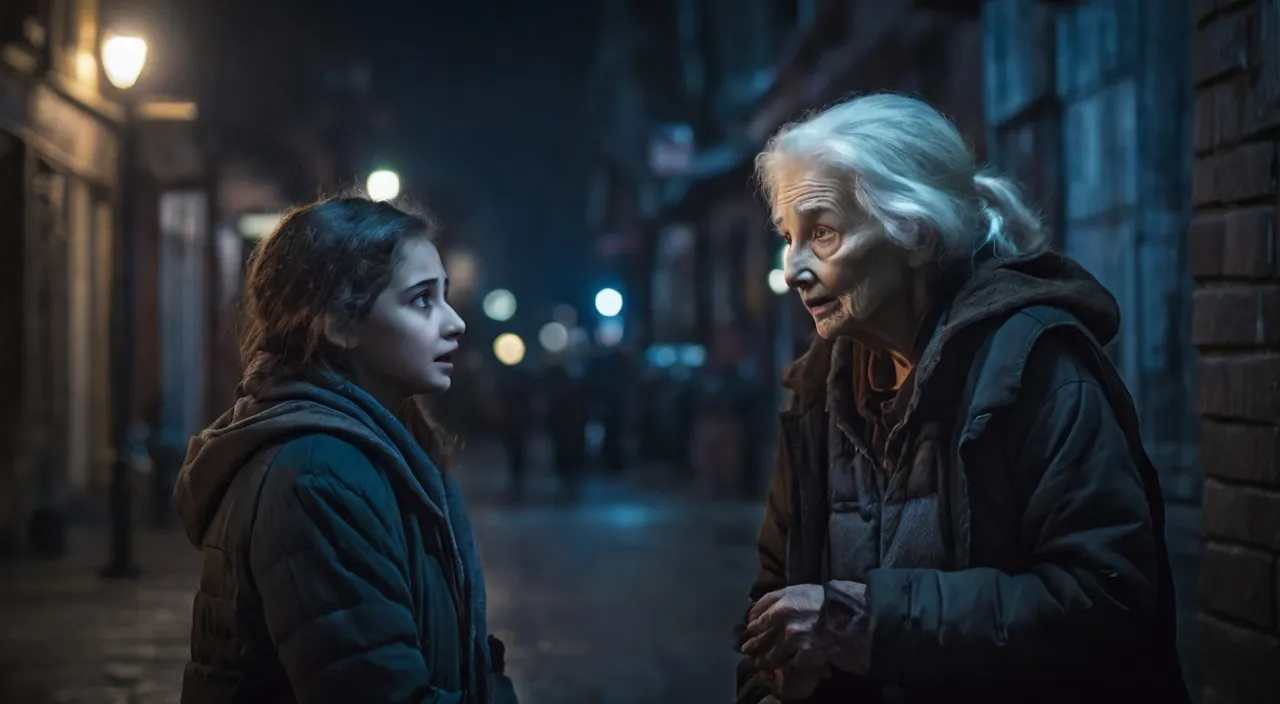 An elderly woman stands next to a young woman on a deserted street