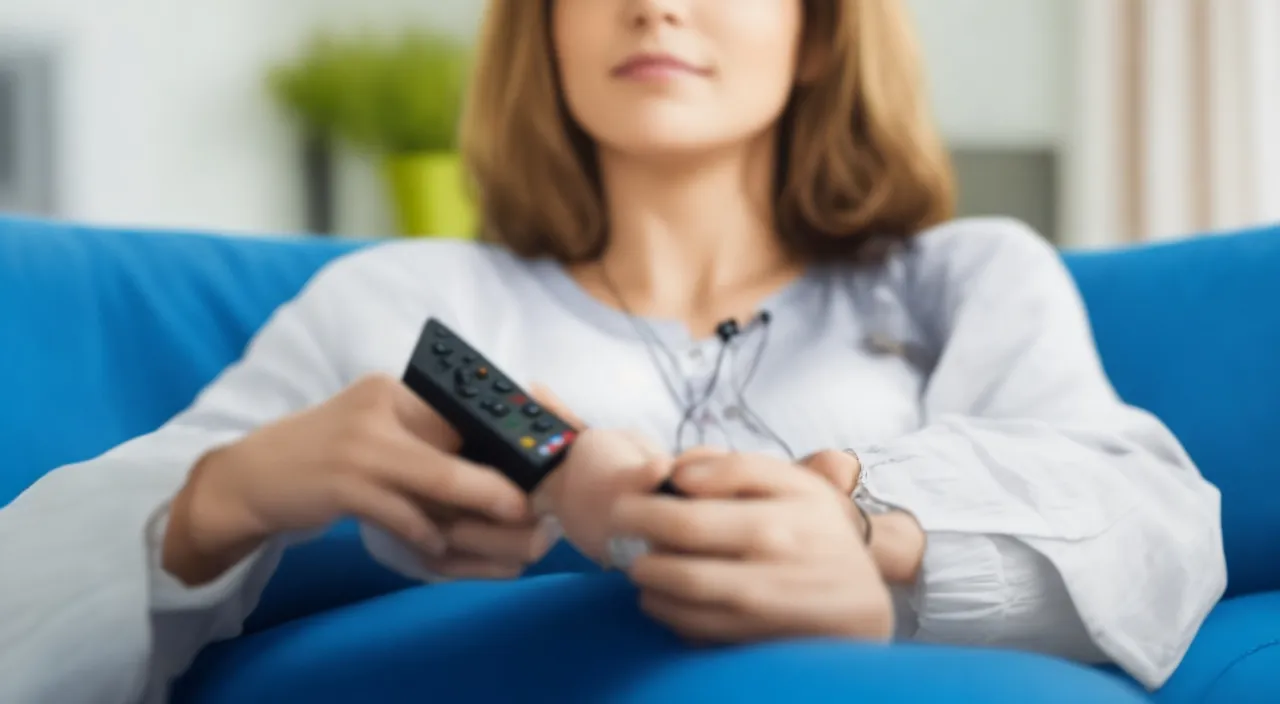 a woman sitting on a blue couch holding a remote control