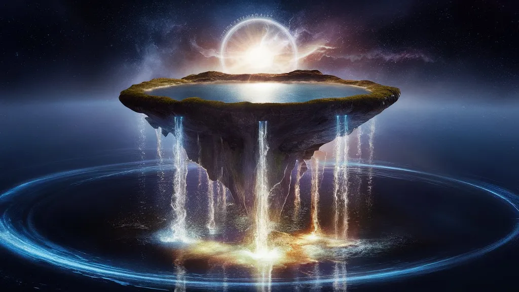 A stunning 4K cinematic drone shot of an alien island floating in the sky, topped with a tranquil lake. The lake, known as the Lake of Knowledge, glows with heavenly powers of light and creation. Energetic water streams cascade down the island, creating a mesmerizing display of light before merging with the lake. Cosmic reflections dance on the water's surface, showcasing the vast universe beyond. The scene exudes an otherworldly atmosphere, capturing the essence of a blockbuster sci-fi fantasy movie.
