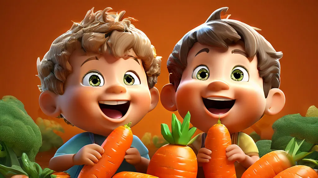 a couple of kids standing next to a pile of carrots