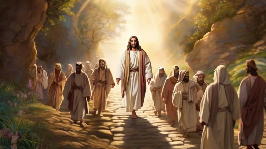 a painting of jesus leading a group of people