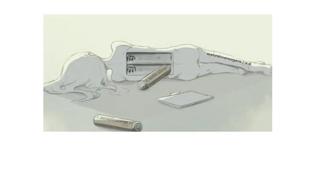 A woman lying on her side on the floor. his back has empty spaces and beside him, two batteries lying on the floor