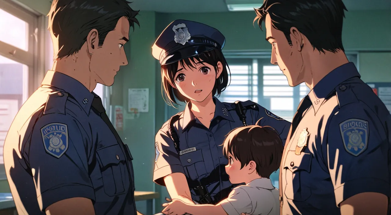 the child is talking with a male police officer