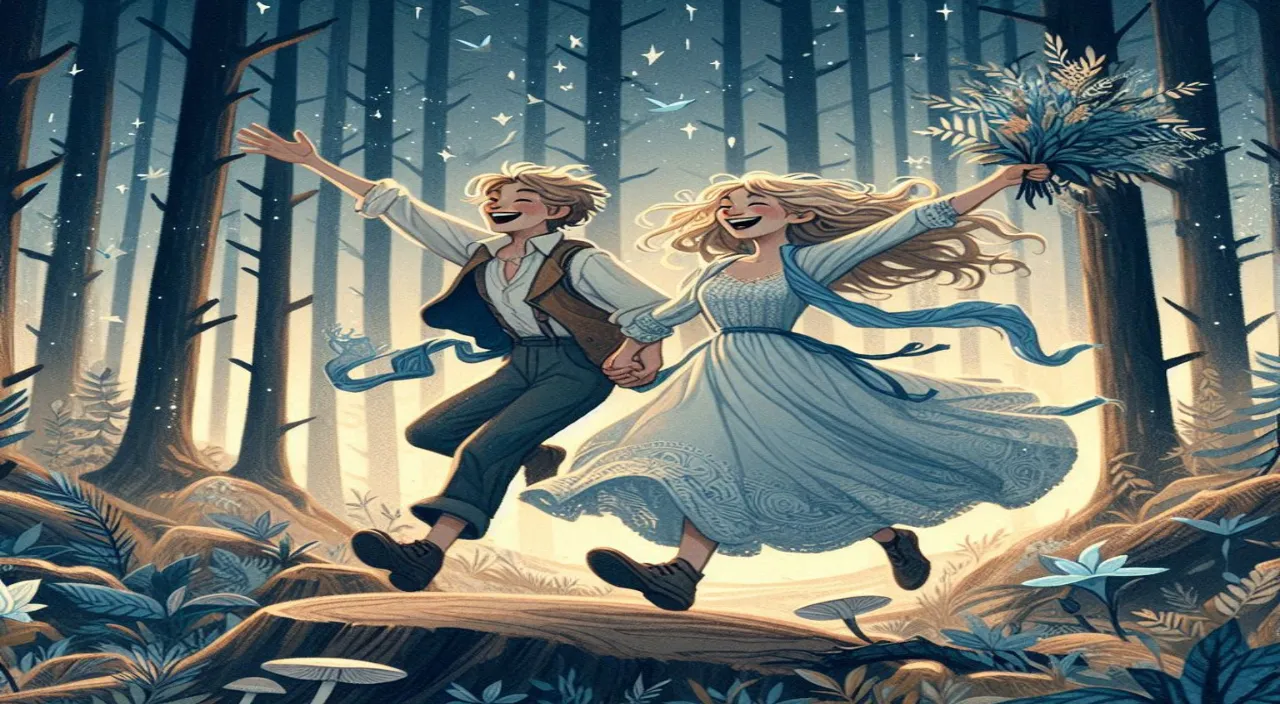 a painting of a couple running through a forest