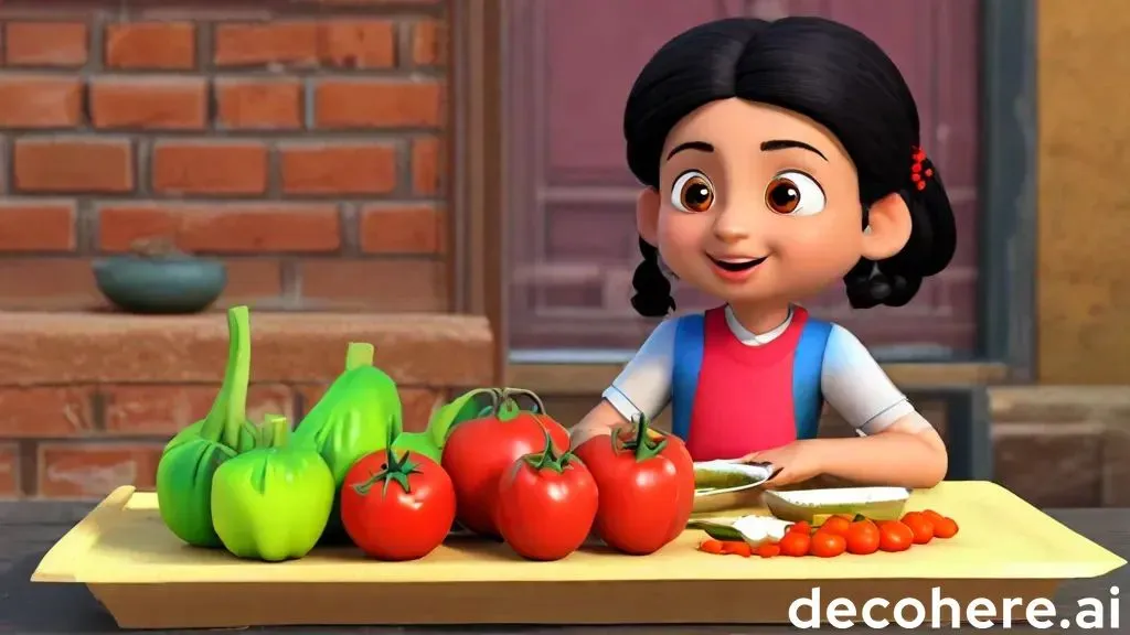 a little girl standing in front of a cutting board with vegetables