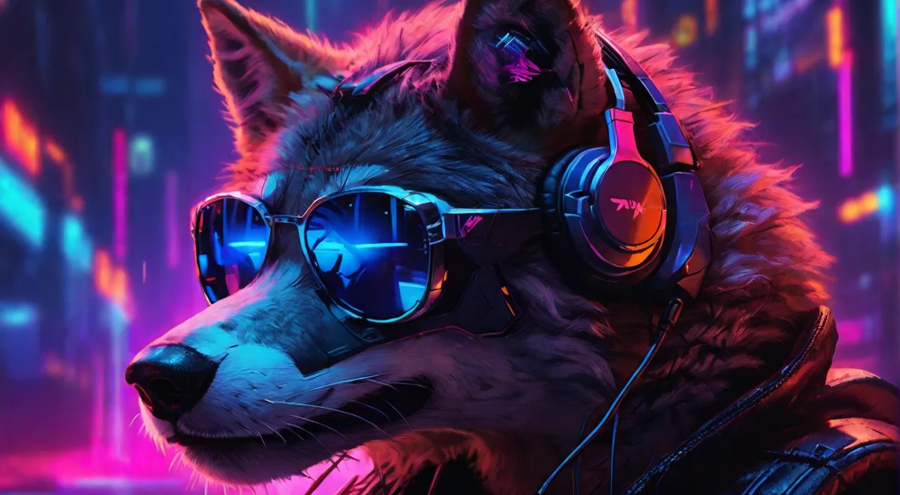 A wolf DJ spinning beats with headphones on