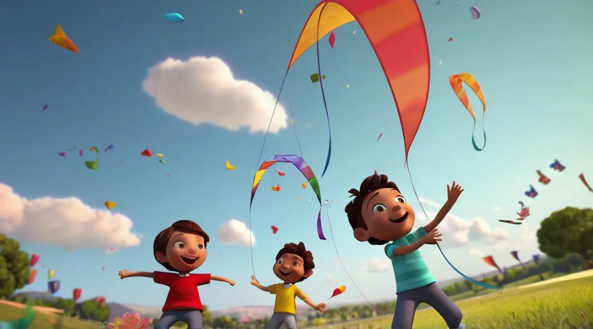  kids flying kites in a field