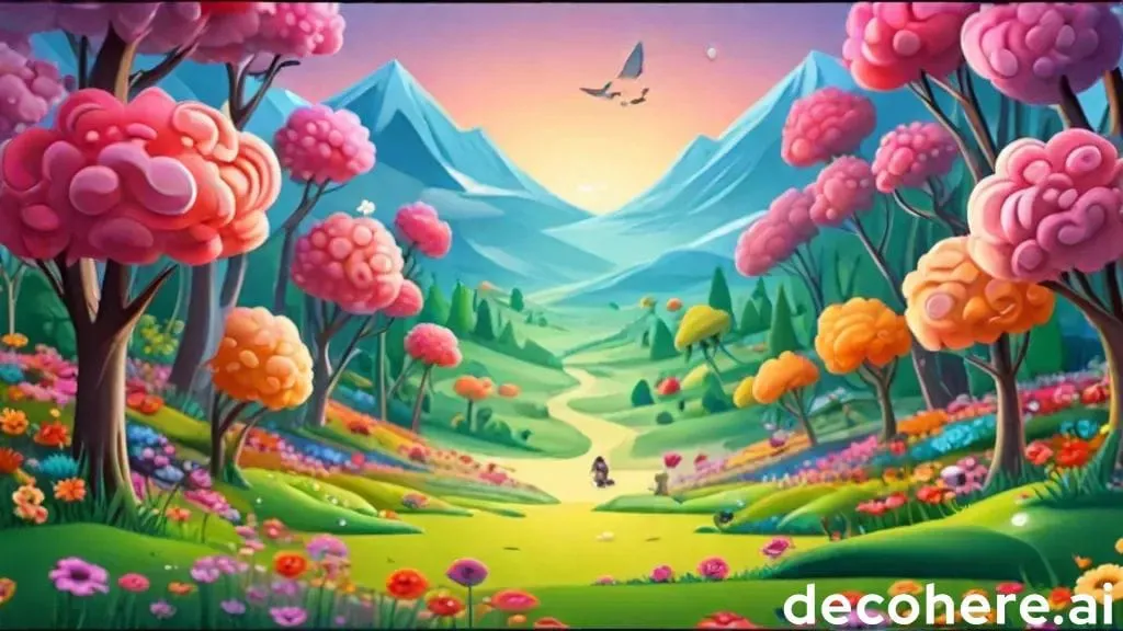 a painting of a colorful landscape with trees and flowers