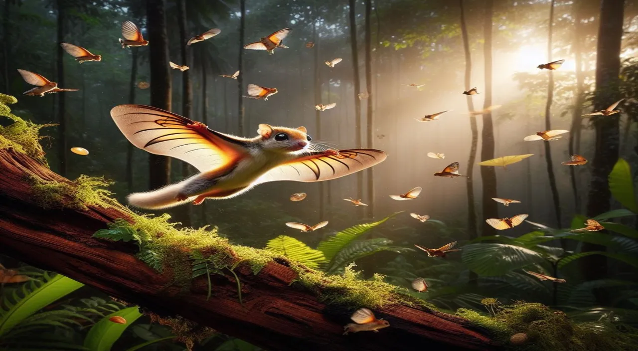 a bird flying over a forest filled with butterflies