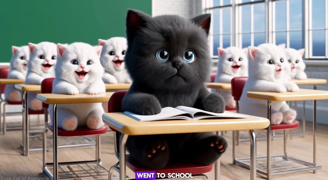 a black cat sitting on top of a desk in a classroom