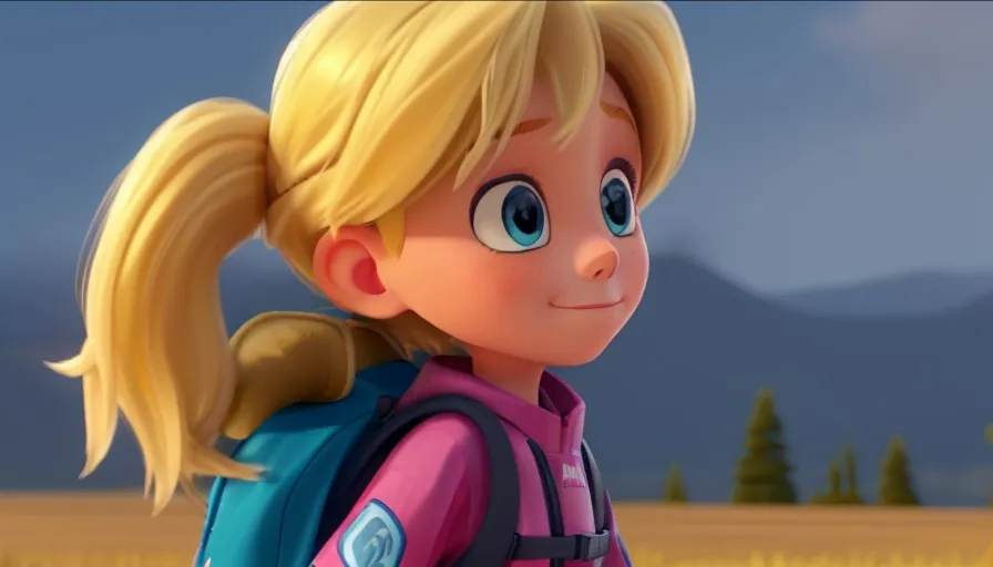 a cartoon girl with a backpack in a field, surrounded by snowy peaks, 3d animation