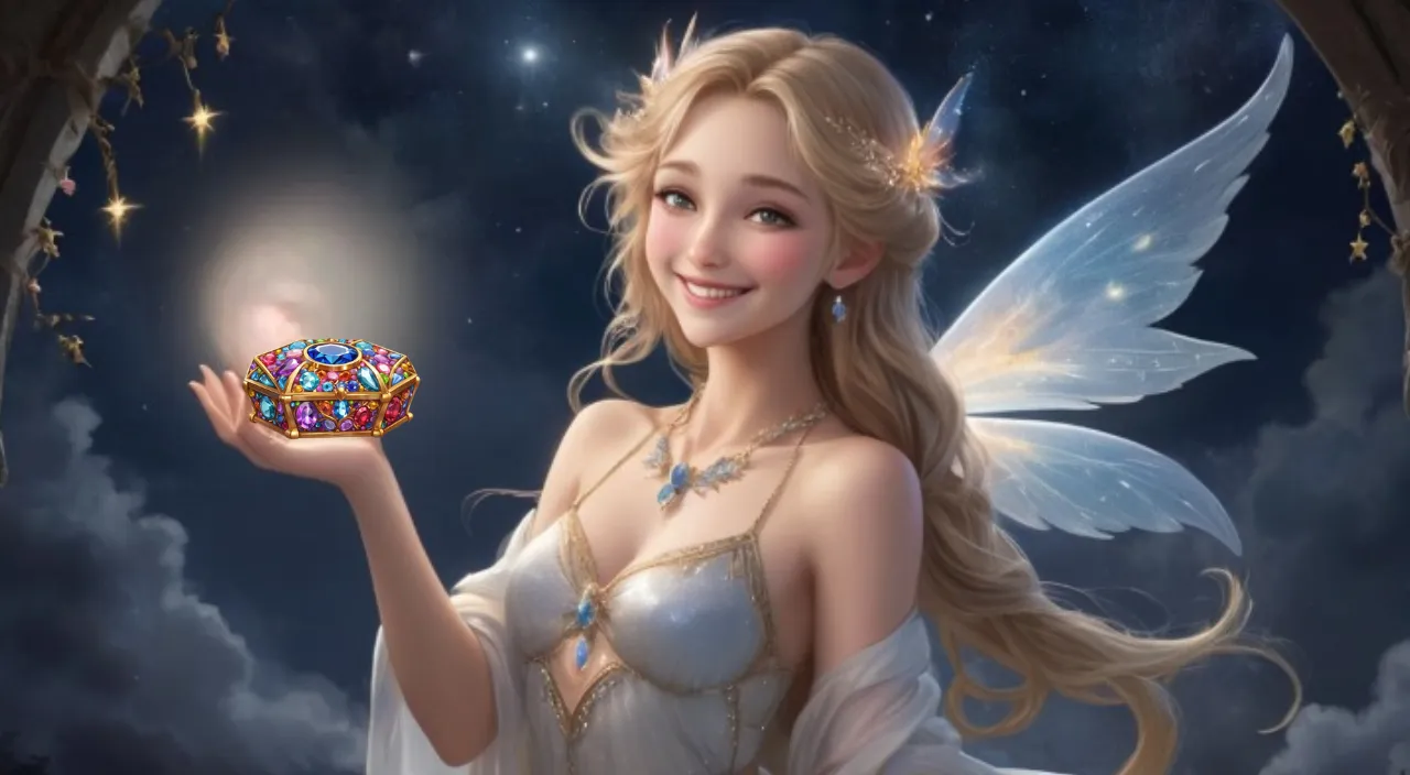 a fairy holding a colorful diamond box in her hand