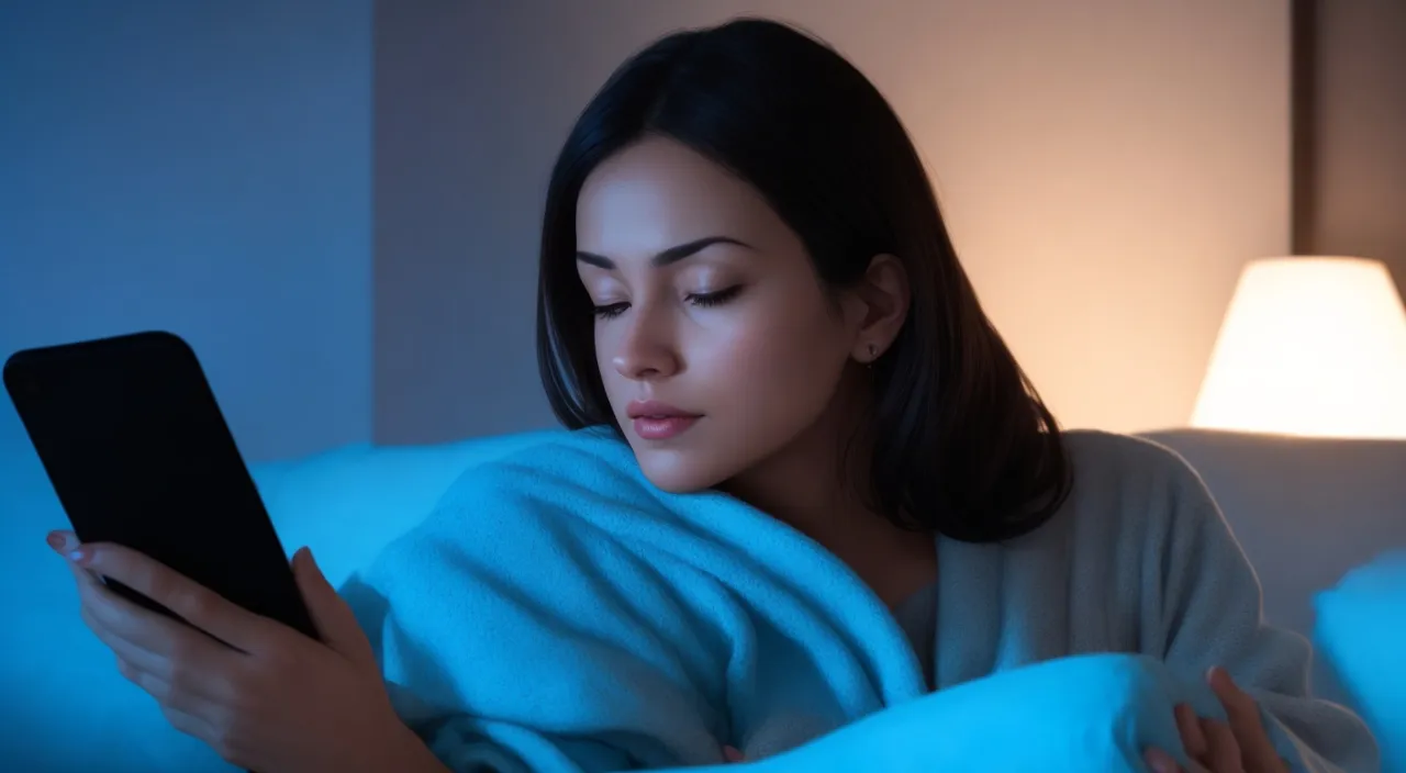 a woman laying on a couch looking at a cell phone