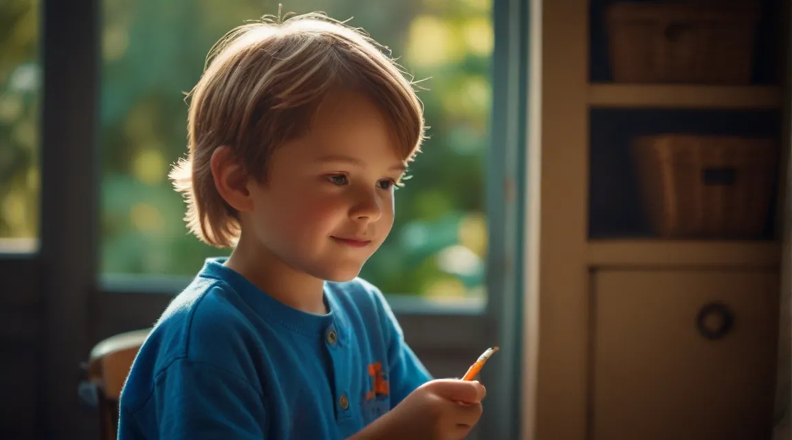 a young boy sitting at a table with a pen in his hand