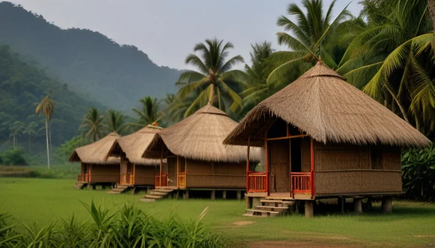 a row of huts sitting on top of a lush green field