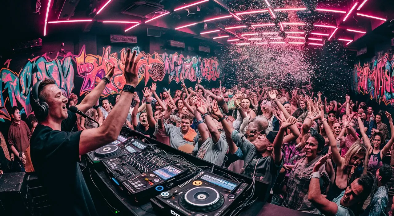 a dj mixing in front of a crowd of people