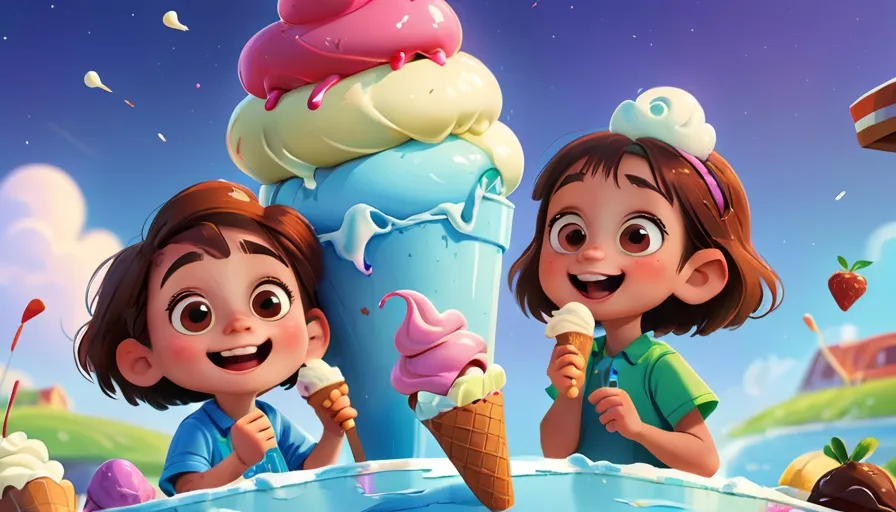 two children eating ice cream in front of an ice cream fountain