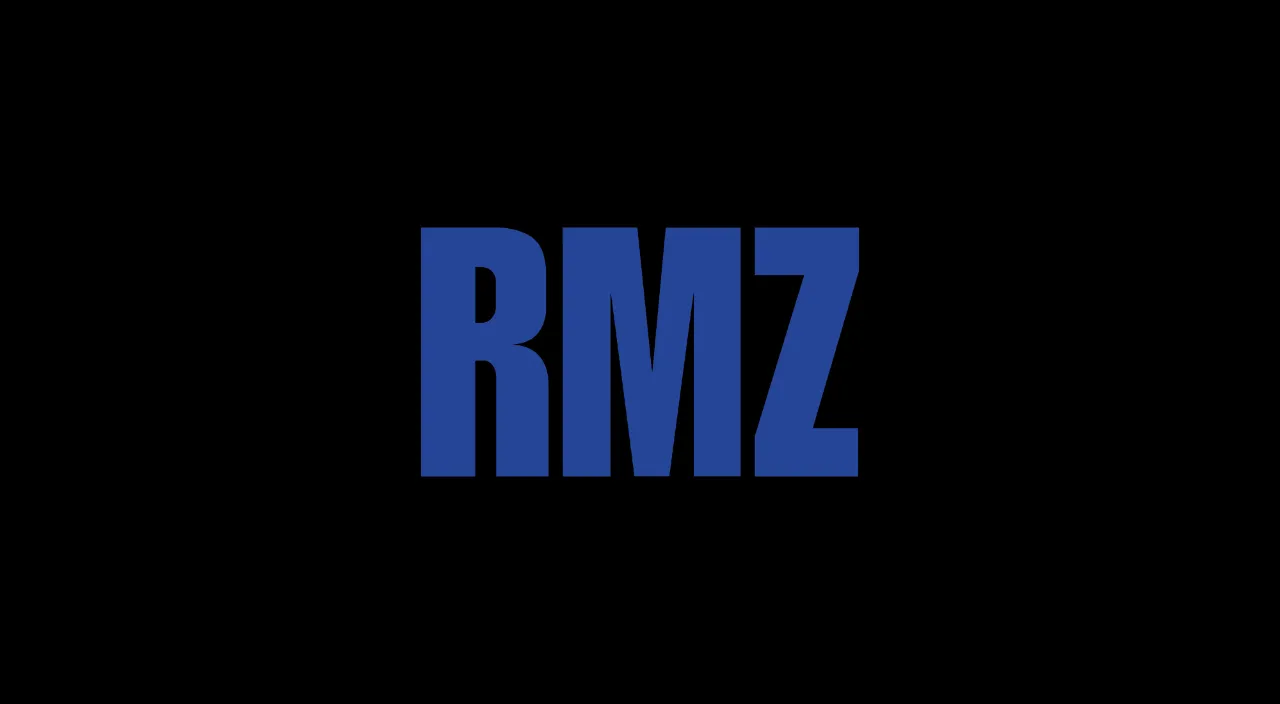 buildings forming a black and blue logo with the word RMZ