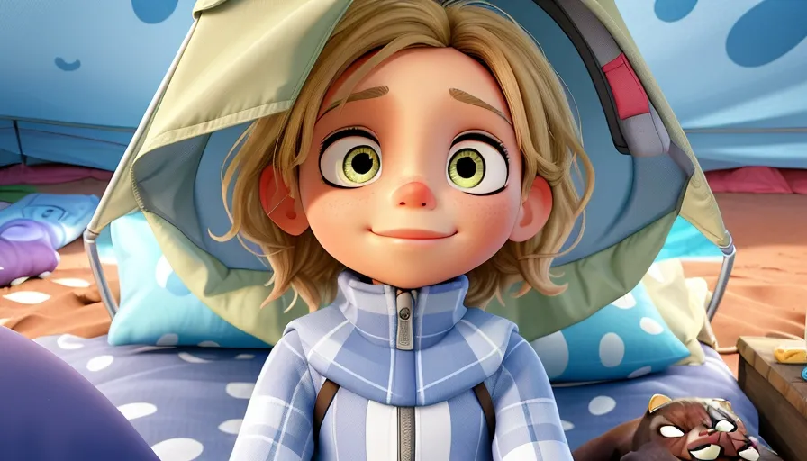 Ziah, a cartoon character is sitting on a bed, comes out of the tent,  3d animation