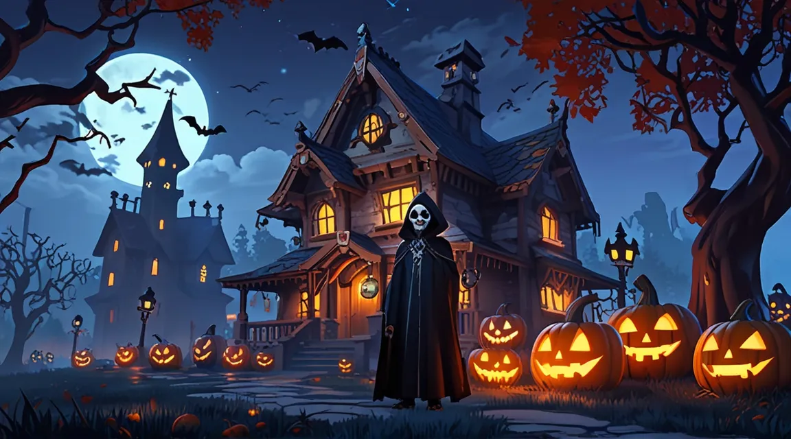 a halloween scene with a ghost and pumpkins