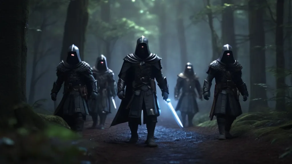 Malachi's men, clad in dark and menacing attire, forming a formidable blockade on the path, preventing Eamon and his companions from advancing. The dark-clad adversaries standing in a confrontational stance, a visual representation of the obstacle they pose.