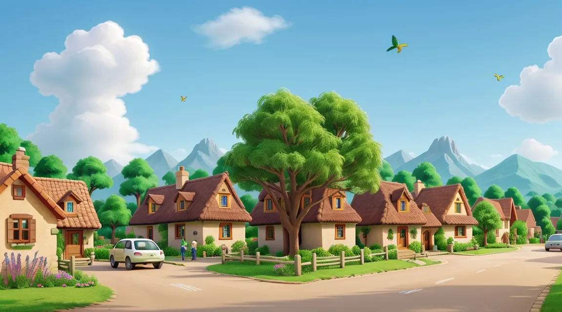  a village full of slightly moving green trees , slowly flying birds and with a slowly moving car in front. Village is looking fantastic sight of its. Sun is shining brightly.