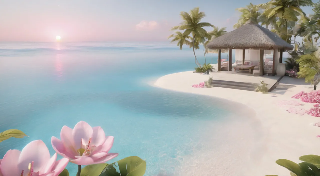 a tropical beach with a gazebo and flowers in the foreground