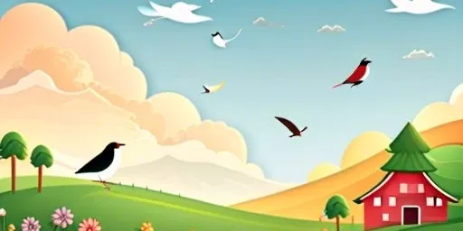 a painting of birds flying over a farm