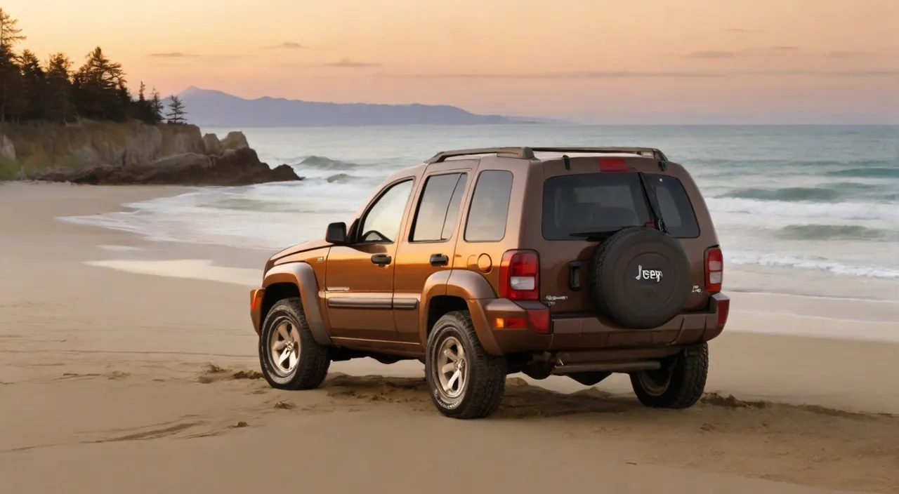 a jeep is moving on a beach near the ocean