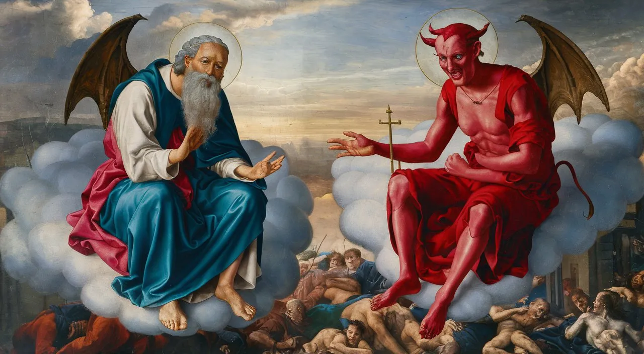 a painting of a man sitting on a cloud next to a demon