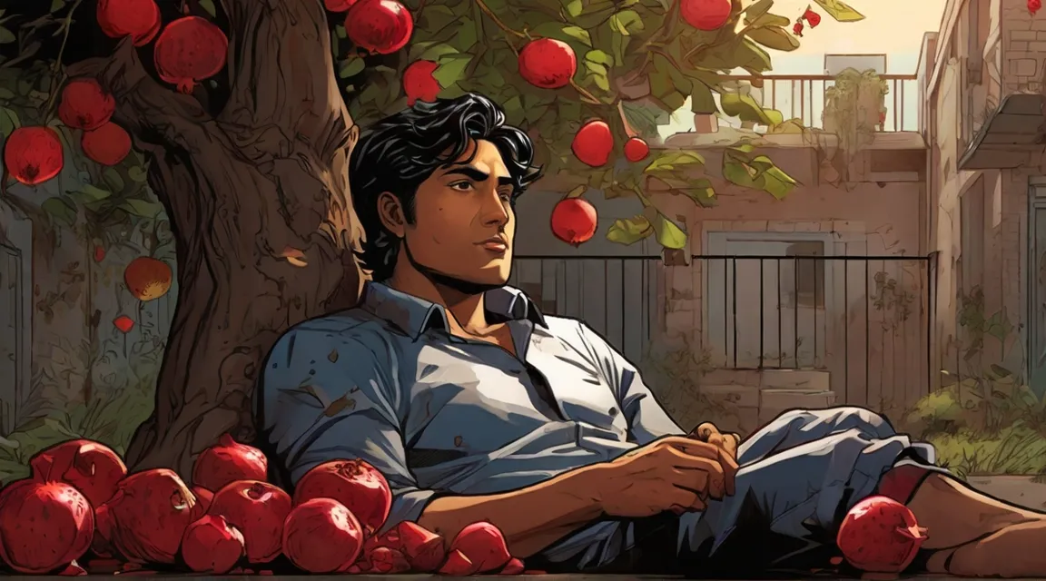 a man pretended to sleep under the pomegranate tree