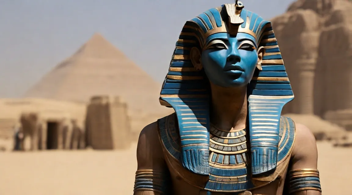 a statue of an egyptian pharaoh in front of a pyramid