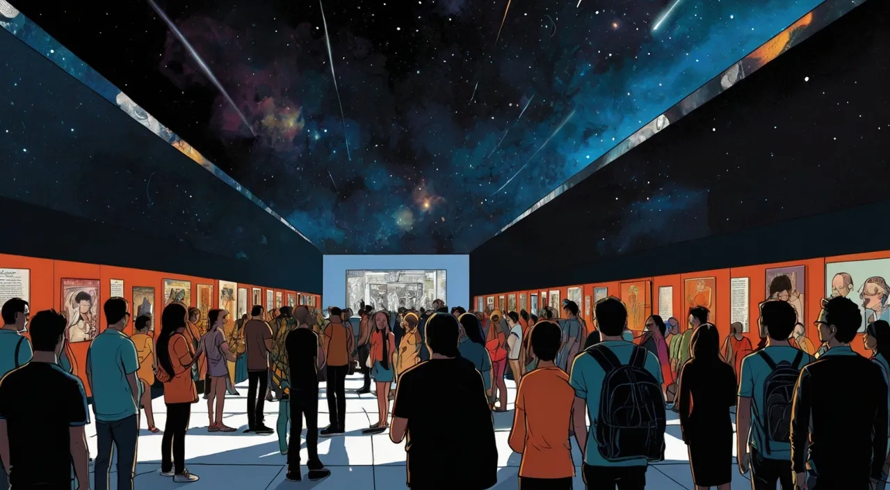 a group of people standing in a room under a sky filled with stars