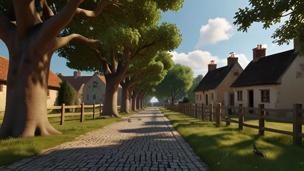 a street lined with trees next to a row of houses