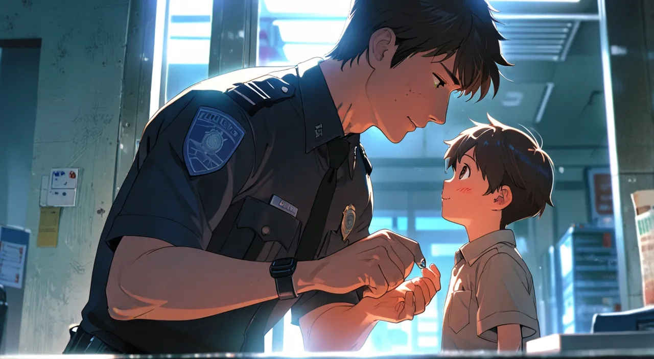 a boy and a police officer is talking