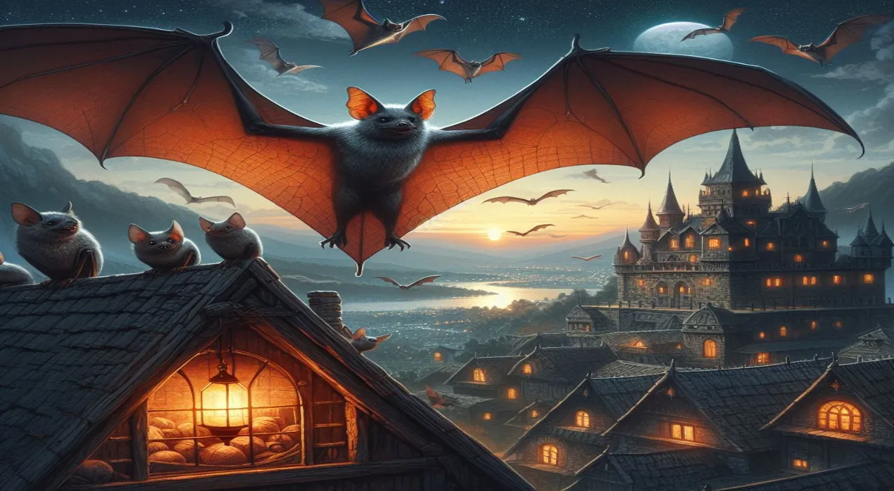 a painting of a bat flying over a city