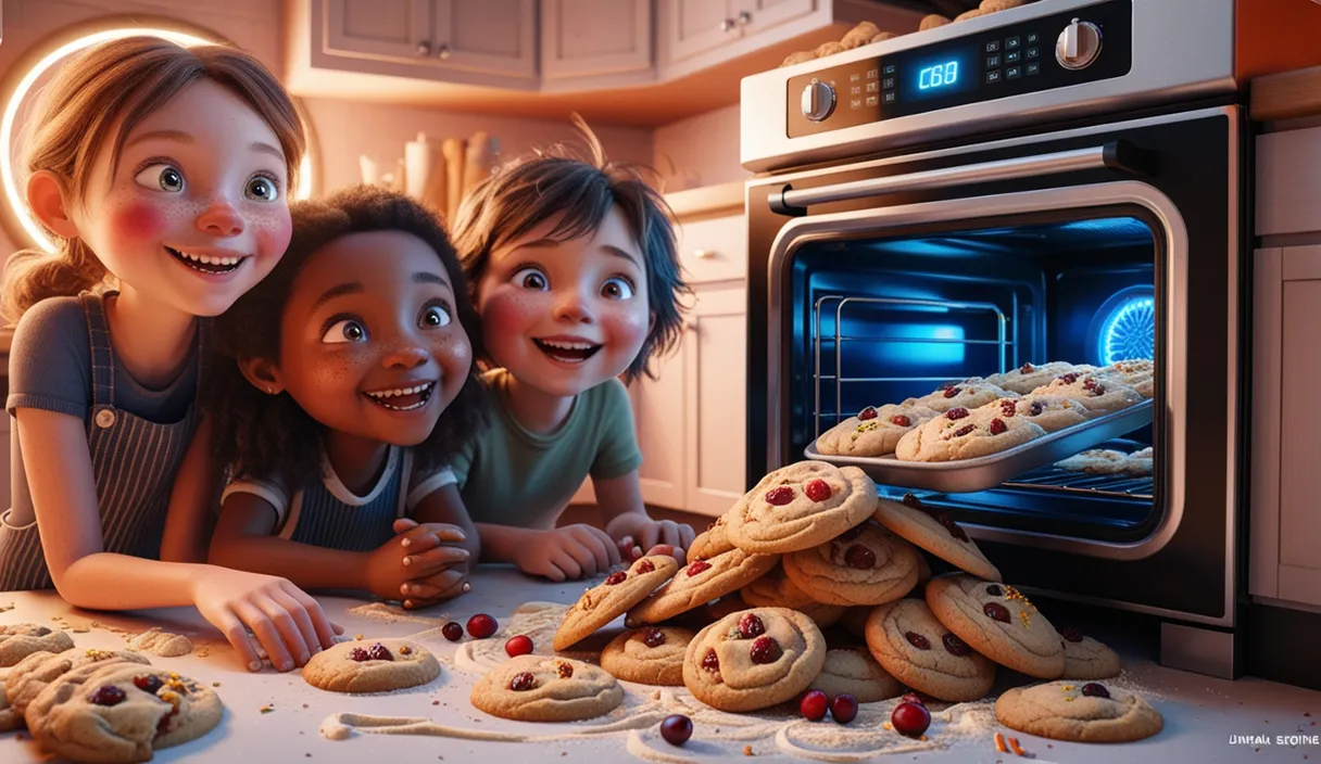 a group of children looking at cookies in an oven