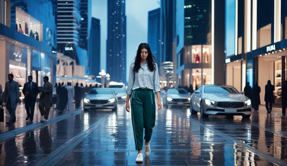 8K wide shot: A 22-year-old Pakistani Girl in a modern outfit of pants and a shirt walks through Dubai’s Downtown area. The expansive view captures the sleek, rain-slicked street, illuminated by the dazzling lights of luxury boutiques and towering skyscrapers. The bustling crowd of sophisticated shoppers and sleek cars contrasts with her solitary figure. Her tears blur the vibrant city lights, emphasizing her sense of isolation amidst the grandeur and activity of the scene following her recent breakup.
