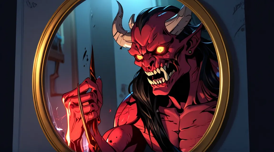 a demonic demon holding a knife in front of a mirror