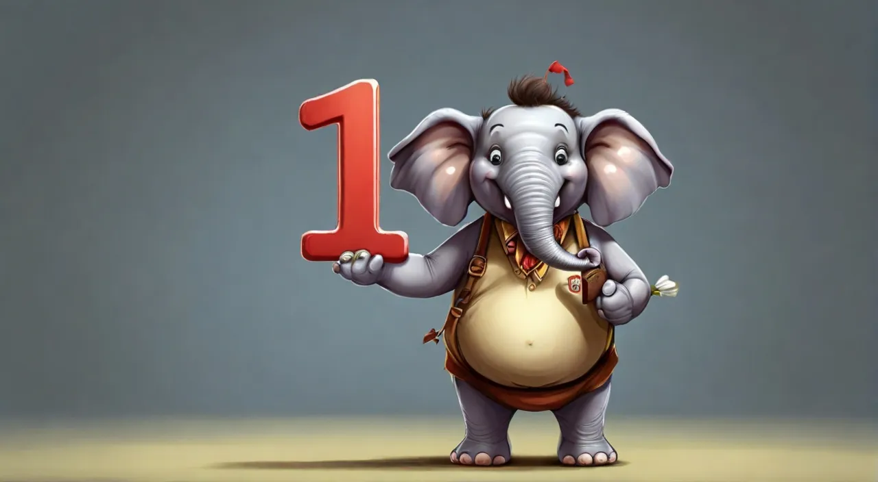 a cartoon elephant holding a number one sign.c