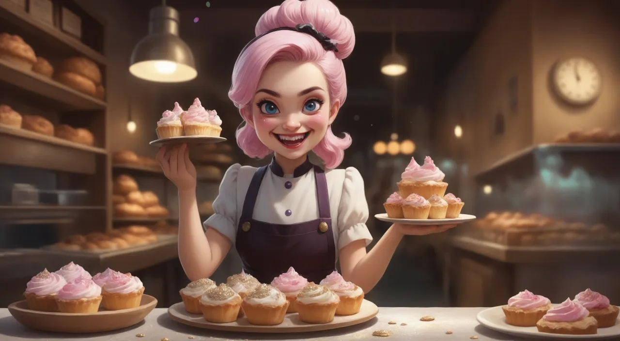 a cartoon character with anger expressions holding a plate of cupcakes