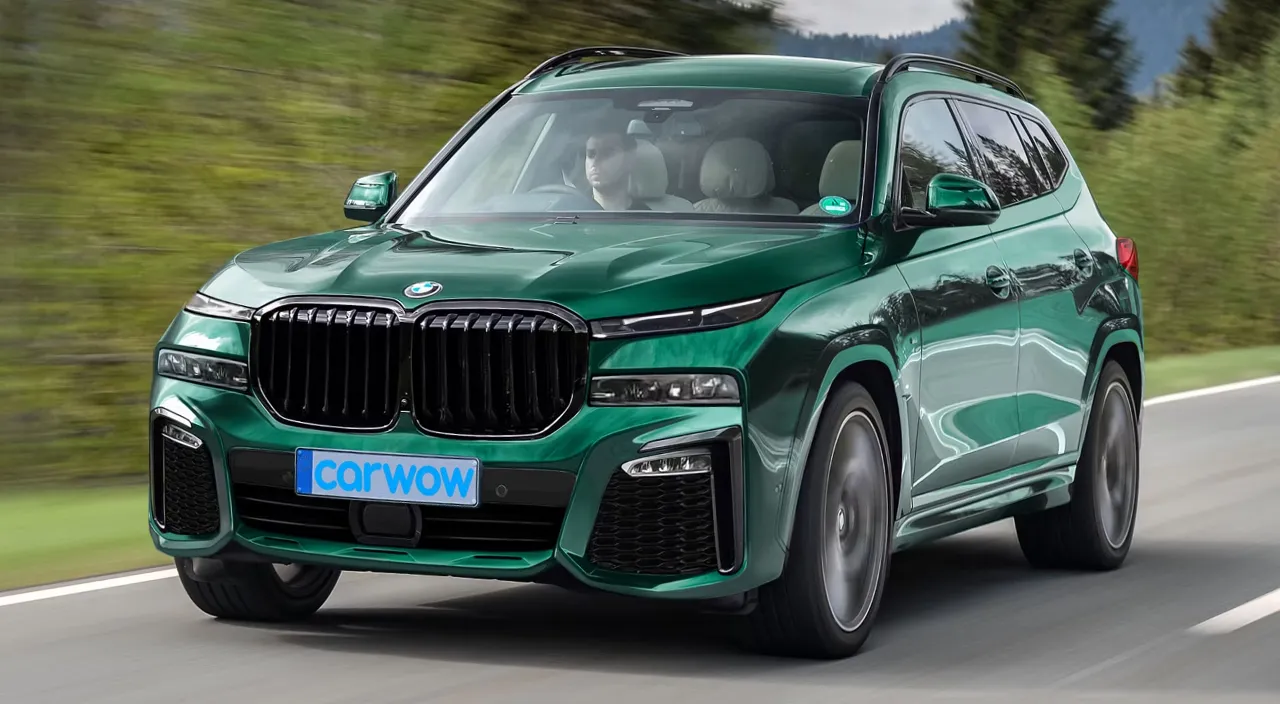 a green bmw suv driving down a road