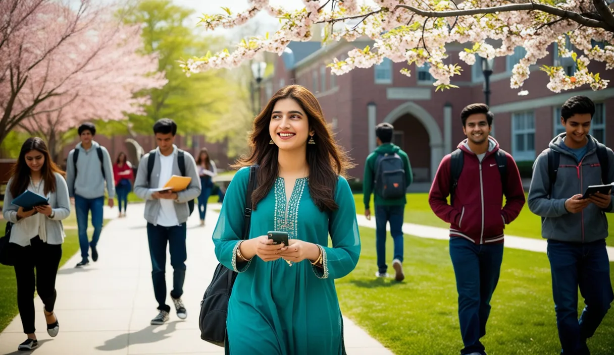 a group of young pCampus Serenade: On a university campus, a Pakistani girl walking under a blossoming tree, a Bollywood song softly playing from her phone. The 4K wide shot captures students walking by and studying, but her smile and dreamy gaze reveal she is thinking about her boyfriend, who is attending a university in the United States, lost in her own romantic world.eople walking down a sidewalk