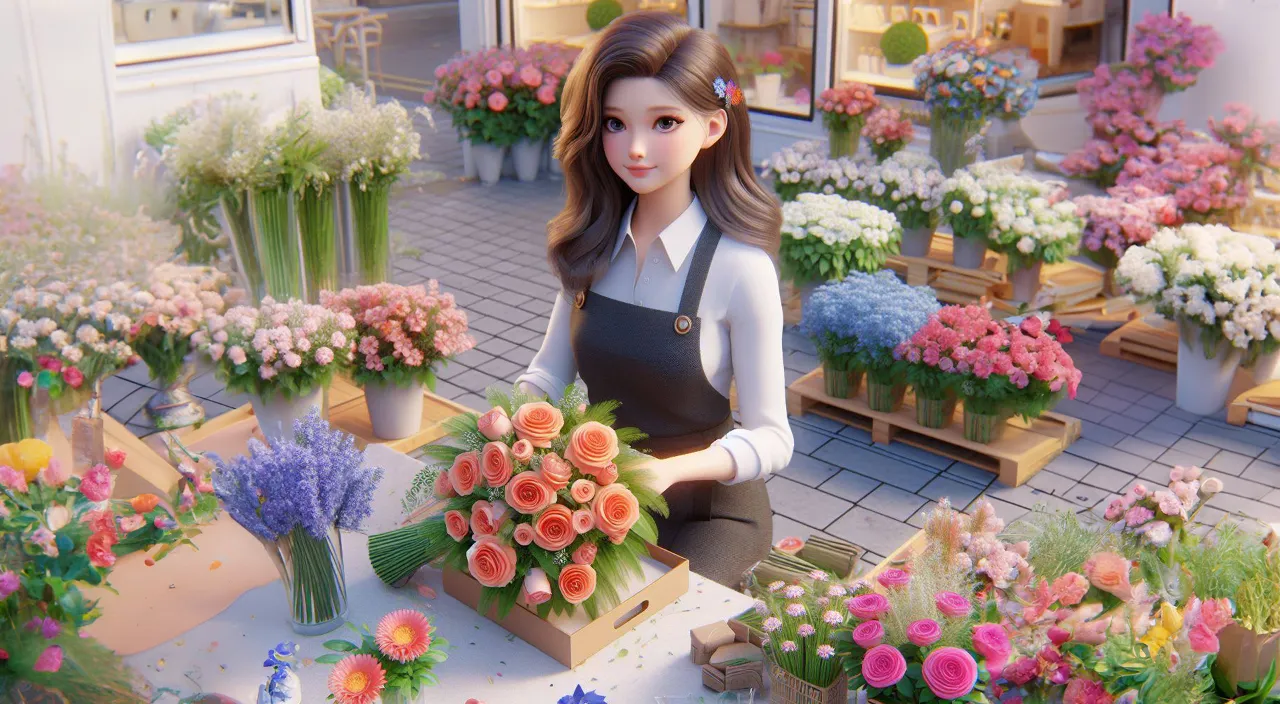 a woman sitting in a flower shop surrounded by flowers